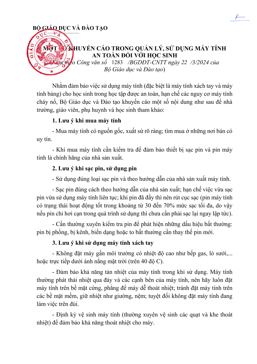 Khuyến cáo phòng tránh cháy nổ, sử dụng máy tính an toàn trong học tập của học sinh