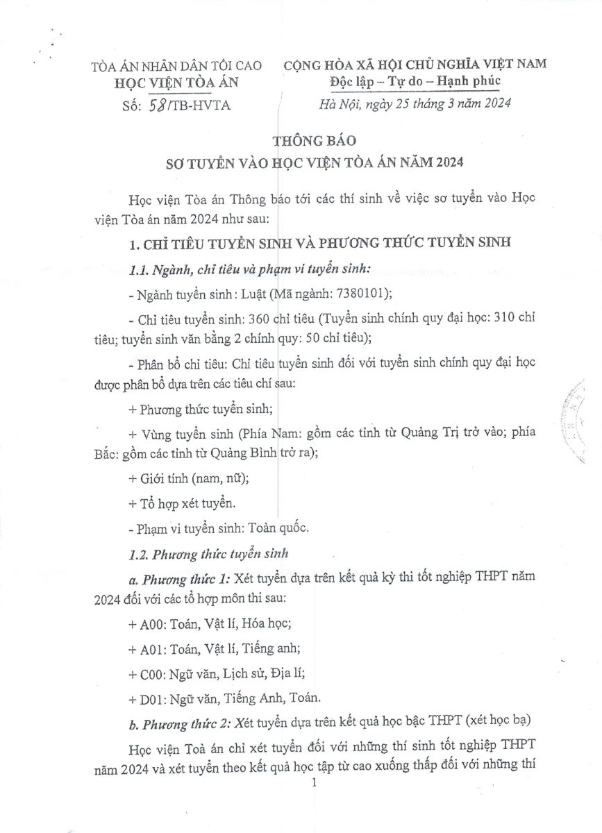 Thông báo số 58/TB-HVTA Thông báo sơ tuyển Học viện Toà án năm 2024
