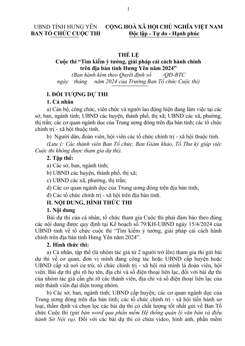 Cuộc thi “Tìm kiếm ý tưởng, giải pháp cải cách hành chính trên địa bàn tỉnh Hưng Yên năm 2024”
