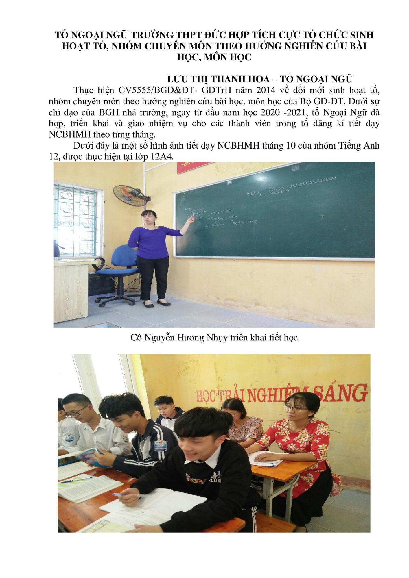 Tổ Ngoại ngữ trường THPT Đức Hợp  tổ chức giờ dạy Sinh hoạt chuyên môn theo hướng nghiên cứu BHMH tháng 10/2020