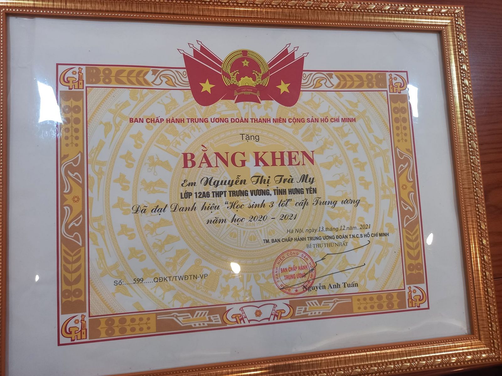 NGUYỄN THỊ TRÀ MY - HỌC SINH LỚP 12A6 ĐẠT DANH HIỆU " HỌC SINH 3 TỐT" CẤP TRUNG ƯƠNG